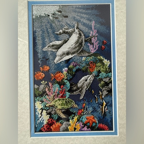 VTG Cross Stitched Dolphin Picture Frame Multi Color Hippie Boho Under The Sea - Picture 6 of 8